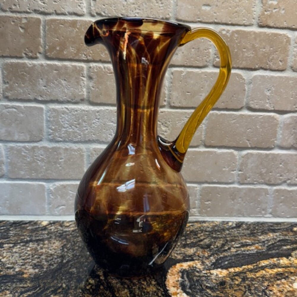 Vintage Hand Blown Amber Brown Tortoise Shell Murano Style Glass Pitcher